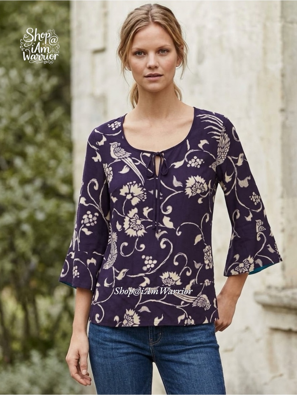 Lucky Brand Aubergine Purple Cream Bird Floral Bell Sleeve Tie Neck Blouse